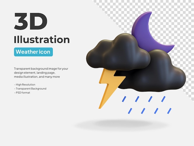 dark cloud thunder storm rain night moon weather icon 3d render illustration