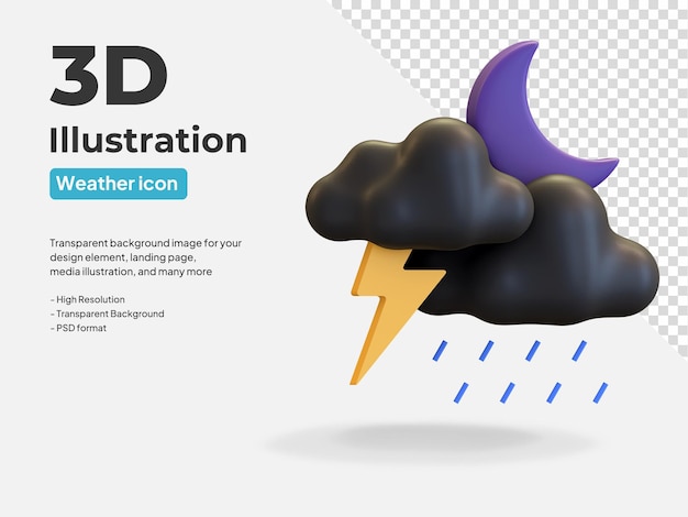 Nuvola scura tuono pioggia notte luna meteo icona 3d rendering illustrazione