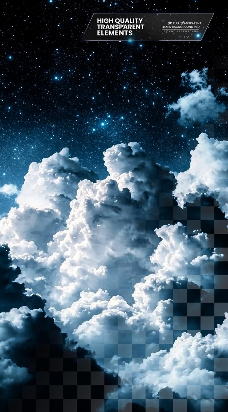 PSD dark clouds and stars in the sky white and gray on transparent background