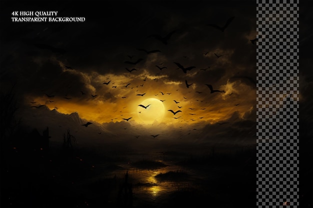 PSD dark clouds cover the sky with crows flying in it and a on transparent background
