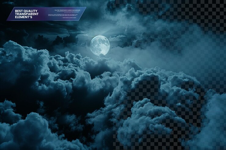 PSD dark clouds covering the moon with white and gray fluffy clouds on transparent background