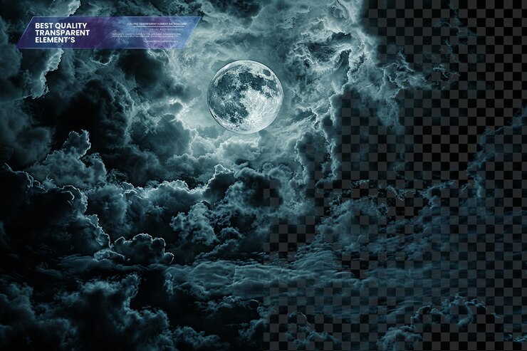 PSD dark clouds covering the moon with white and gray fluffy clouds on transparent background