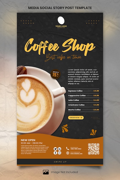 PSD 다크 커피 숍 미디어 소셜 스토리 포스트 템플릿