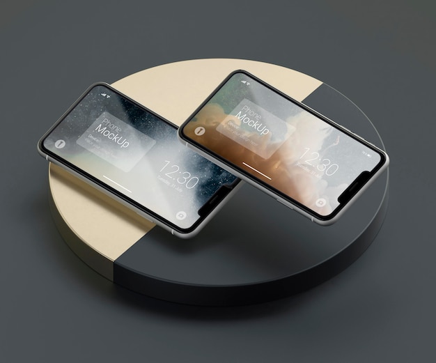 Mockup di telefono a levitazione scuro e rame