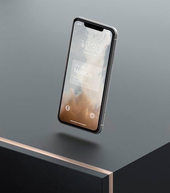 PSD mockup di telefono a levitazione scuro e rame