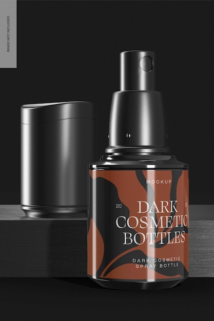 PSD dark cosmetic spray bottle mockup, opened