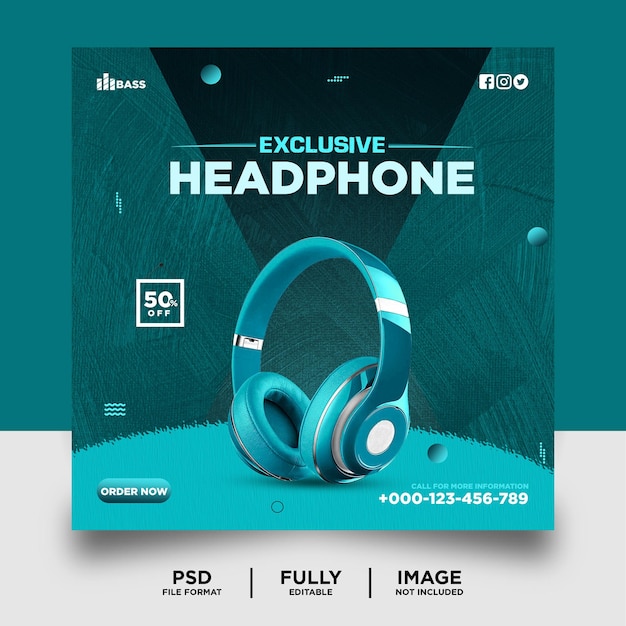 PSD dark cyan color headphone brand product social media instagram banner