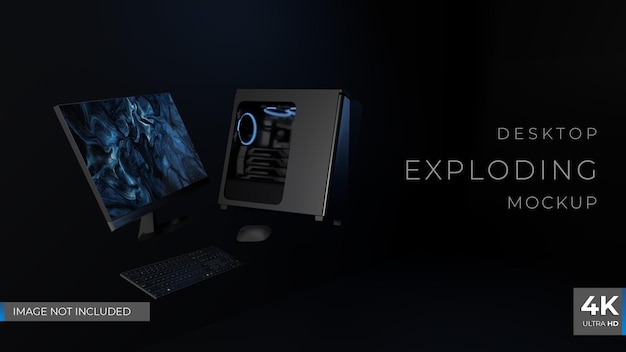 PSD dark desktop exploding 3d render mockup