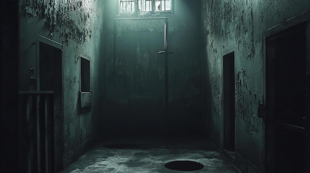 감옥 의 문 과 창문 을 막고 바닥 에 구 이 있는 어두운 감옥 복도