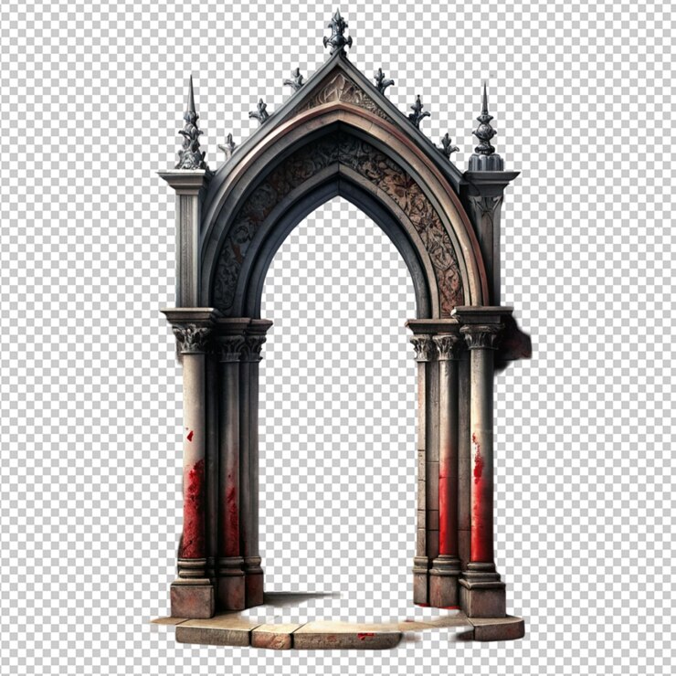 PSD dark fantasy illustration with blood stained archway on transparent background