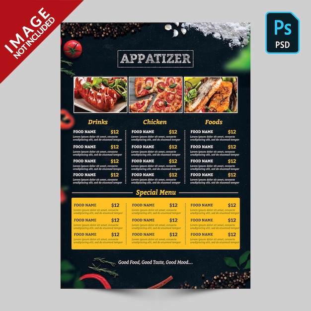 PSD dark food menu with food images