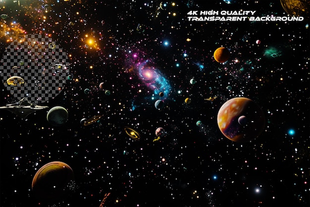 PSD dark galaxy world with sparkling colorful stars on transparent background