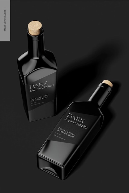 PSD dark gin tonic bottles mockup, standing and dropped