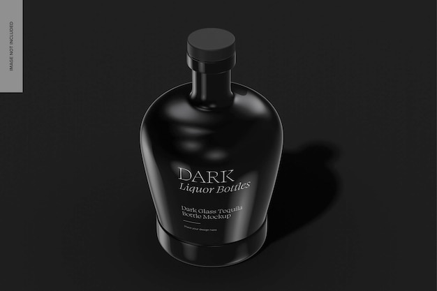 Dark glass tequila bottle mockup, high angle view