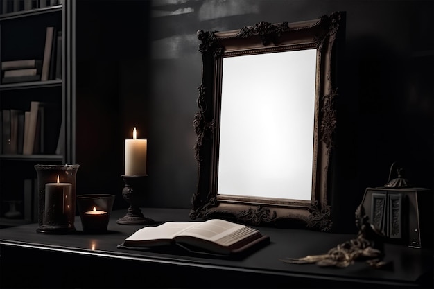 PSD dark gothic vertical frame mockup on the table with candles