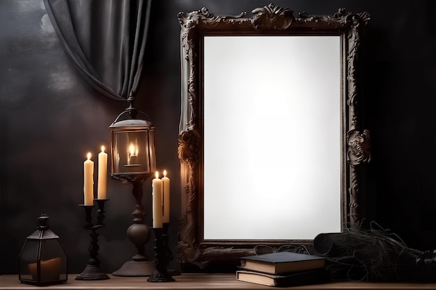 PSD dark gothic vertical frame mockup on the table with candles