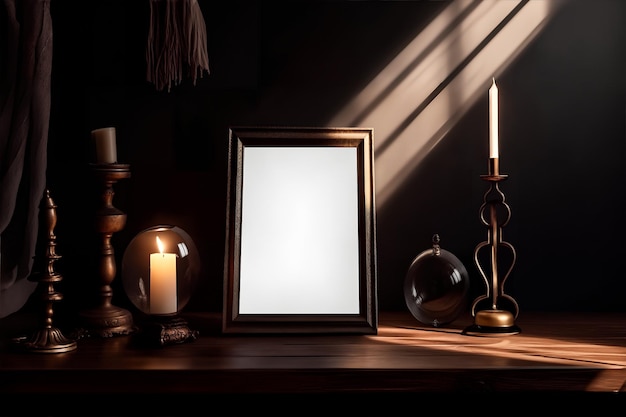Dark gothic vertical frame mockup on the table with candles