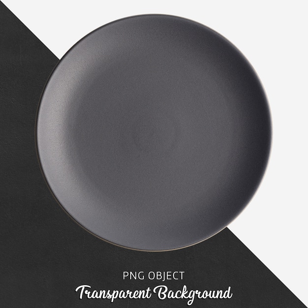 Dark gray round ceramic plate on transparent background