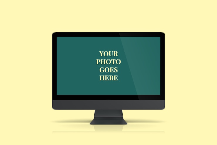 PSD dark grey desktop mockup front angle view