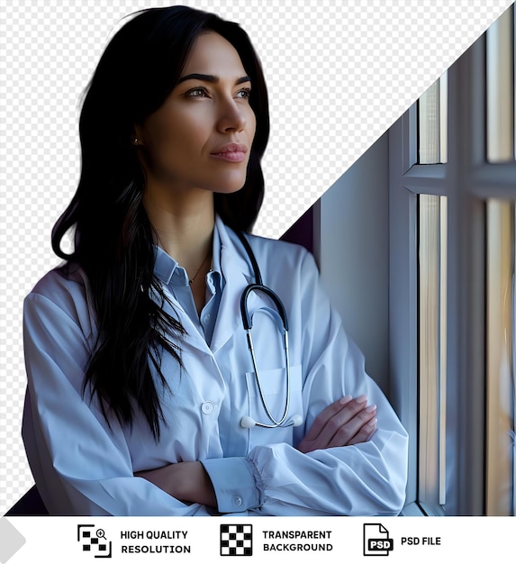 A dark haired doctor standing near the window and looking thoughtful png psd