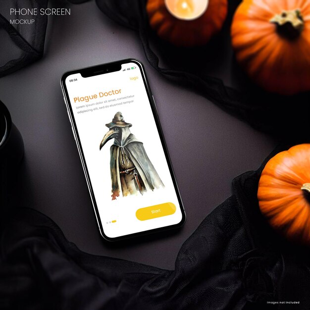 PSD mockup di iphone 14 dark halloween su un tavolo scuro con decorazioni di halloween sullo sfondo