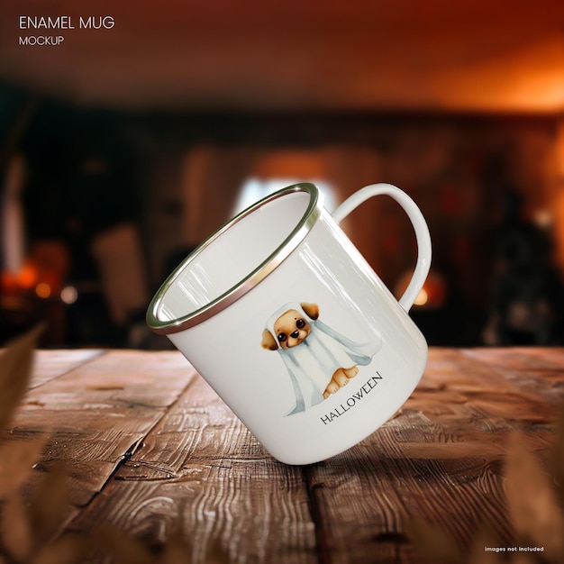 PSD dark halloween mug mockup on a dark table with halloween decorations in the background