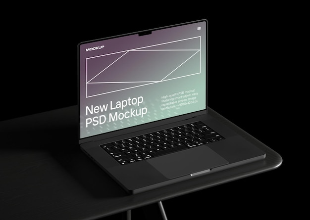 PSD アイデンティティのプレゼンテーションをブランディングするための現実的なモックアップのテーブルに空白の画面を持つ暗いラップトップ