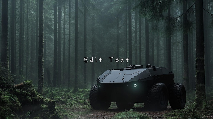 PSD dark military vehicle in foggy forest