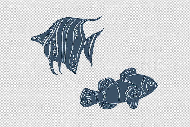 PSD elementi di pesce monocromatici scuri oggetti isolati