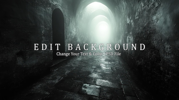 a dark mysterious and eerie stone hallway with arches leading to a bright glowing light at the end
