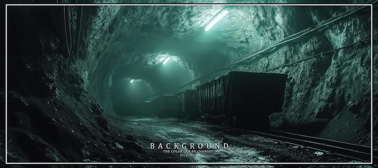 PSD dark narrow mine shaft with rail tracks and train cars