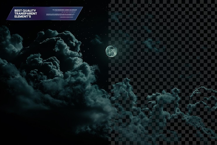 PSD a dark night sky with clouds and the moon illuminated on transparent background