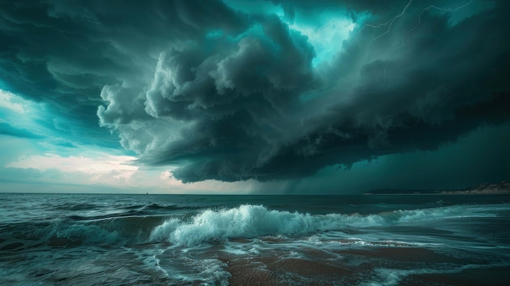 PSD dark ominous storm clouds over a choppy ocean with a sandy beach in the foreground