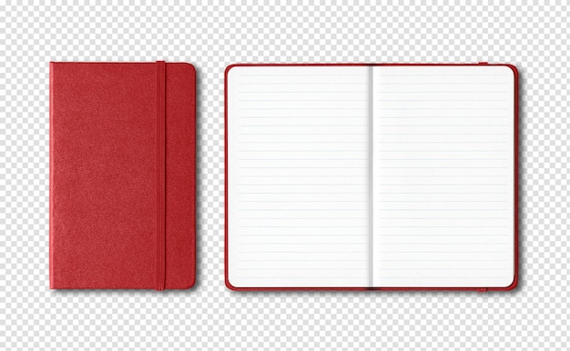 PSD dark red closed and open lined notebooks isolated on transparent background