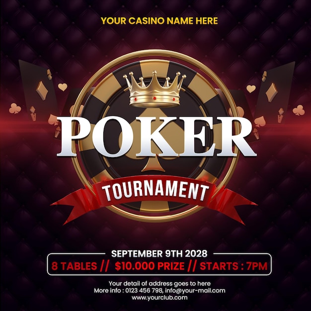 PSD modello di invito per post sui social media online del casinò del torneo di poker rosso scuro