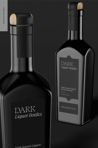 PSD dark square liquor bottles mockup, close up