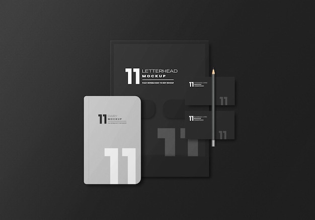 Dark stationery set psd mockup