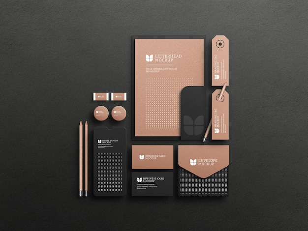 Dark stationery set with kraft paper mockup