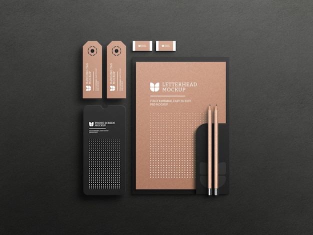 Dark stationery set with kraft paper mockup