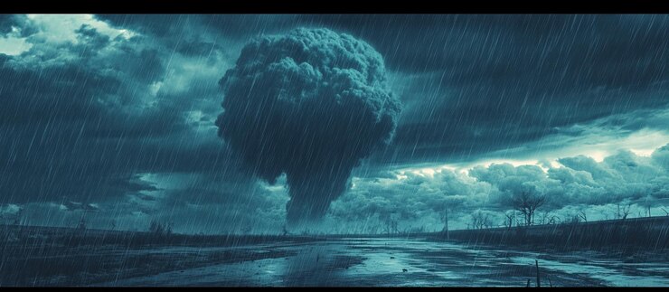 PSD dark stormy clouds over a desolate landscape