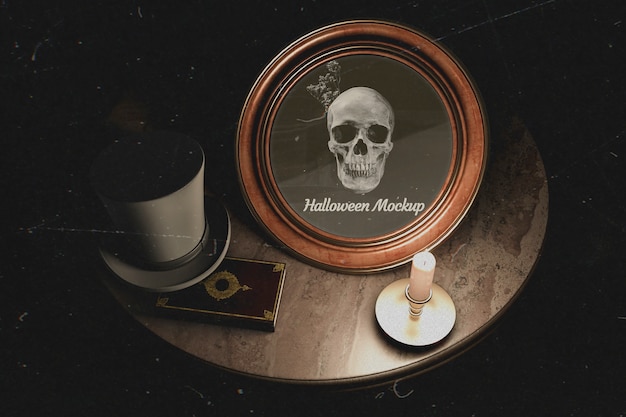 PSD dark table design of halloween round frame with skull