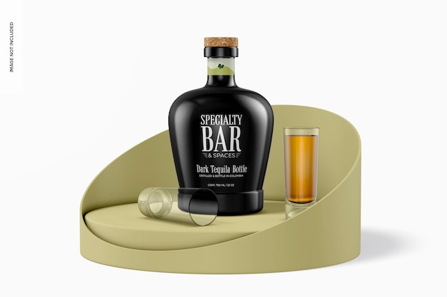 PSD dark tequila bottle mockup on podium