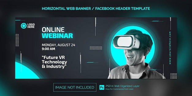 Modello di banner web orizzontale a tema scuro per la promozione di webinar online futuristico