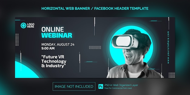 PSD dark theme horizontal web banner template for futuristic online webinar promotion