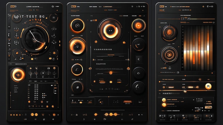 PSD dark themed digital interface design with orange accents showing audio visualizers dials and controls