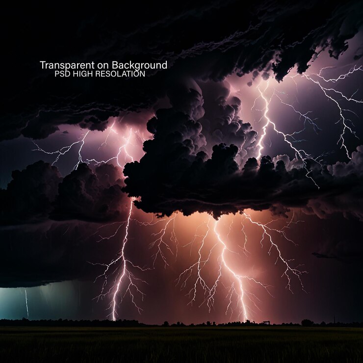 PSD dark thunderstorm danger of electricity and spooky landscape on black background