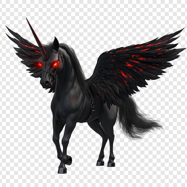 PSD dark unicorn with fiery wings