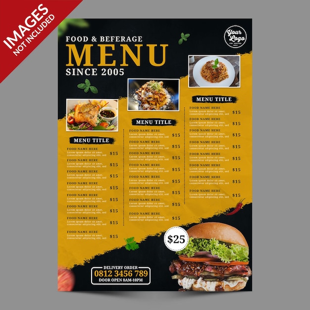 Menu di cibi e bevande vintage scuro ideale per la promozione del ristorante modello psd premium