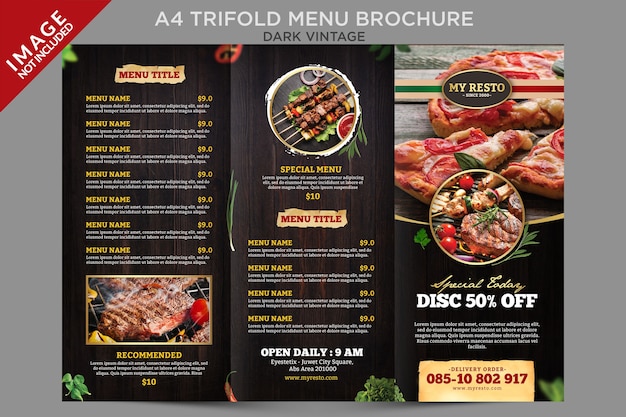 PSD modello brochure menu trifold vintage scuro