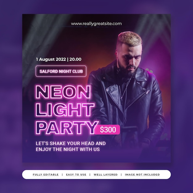 Dark violet neon party rave promotie instagram-berichtsjabloon